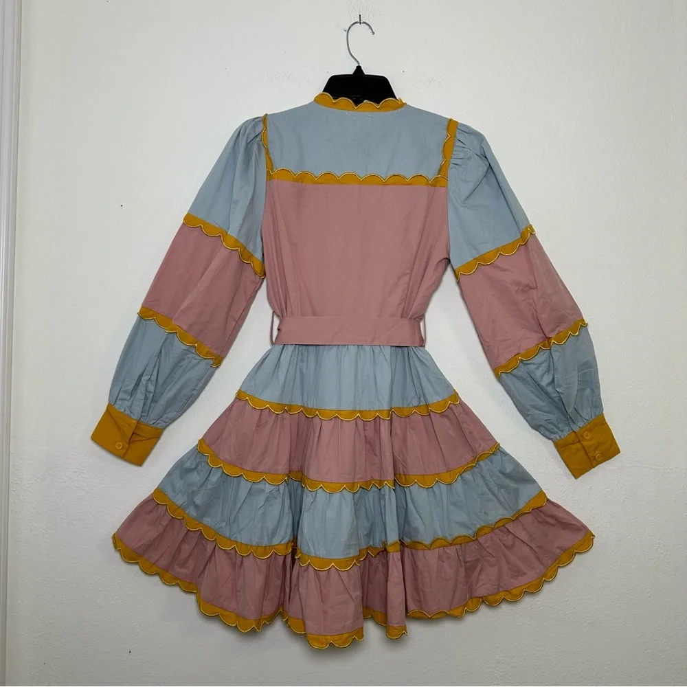 TCEC  Pastel Long Sleeves Ruffle Colorful Mini Dress with Yellow Accents - Picture 3 of 16